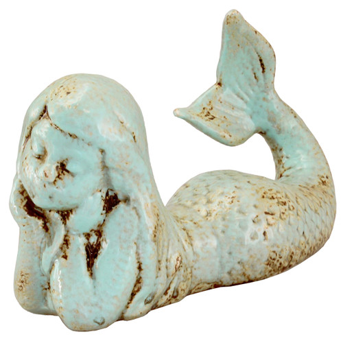 Hand-Finished Cyan-Blue Mermaid Statue with Antique Touch