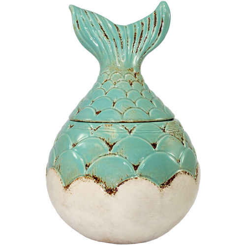 Ceramic Sea Green and Ecru Glazed Ceramic Mermaid Storage Jar with Lid,