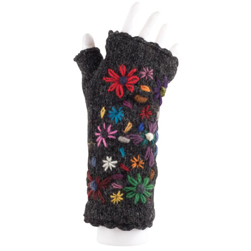 Handmade Fingerless Wool Arm Warmers – Black with Colorful Flowers & Soft Microfleece Lining Handmade Fingerless Wool Arm Warmers – Black with Colorful Flowers & Soft Microfleece Lining