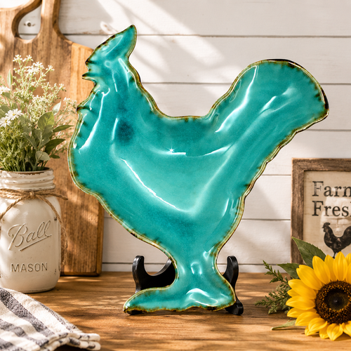 Teal Glazed Rooster Plate 10"wide, 11.25" Length, 1.63" Height