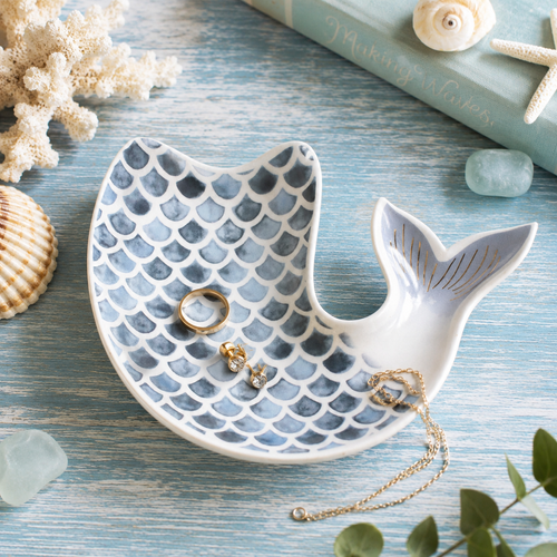 Ceramic Mermaid Tail Dish Blue and White