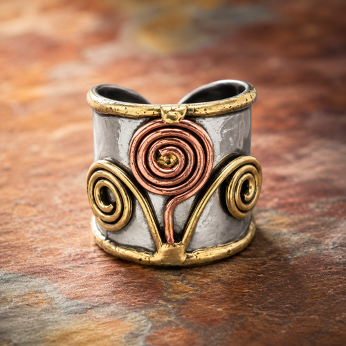 Mixed Metal Spiral Flower Cuff Ring