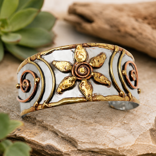 Handcrafted Mixed Metal Flower Spiral Cuff Bracelet – Silver, Gold & Copper Tone