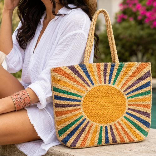 Colorful sunshine jute tote bag with woven sun design and braided handles