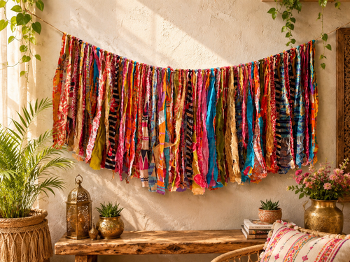 Colorful recycled silk sari garland displayed on a wall in a warm bohemian room with plants and natural decor.