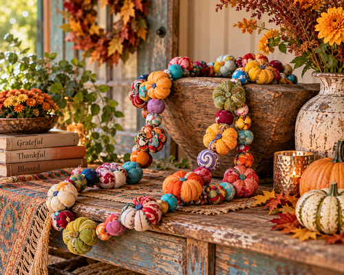 Colorful 6 ft recycled saree fabric pumpkin garland with handmade mini pumpkins and sari beads for boho fall decor