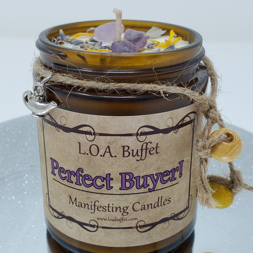 Perfect Buyer Manifesting Candle with lavender, calendula, amethyst,  hydrangea and a genie bottle charm and 2 colored wooden beads.