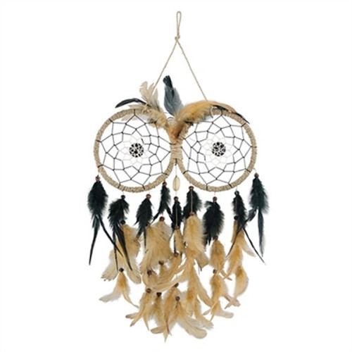 Owl Dream Catcher with Brown and Black Feathers and Big Eyes in macramé