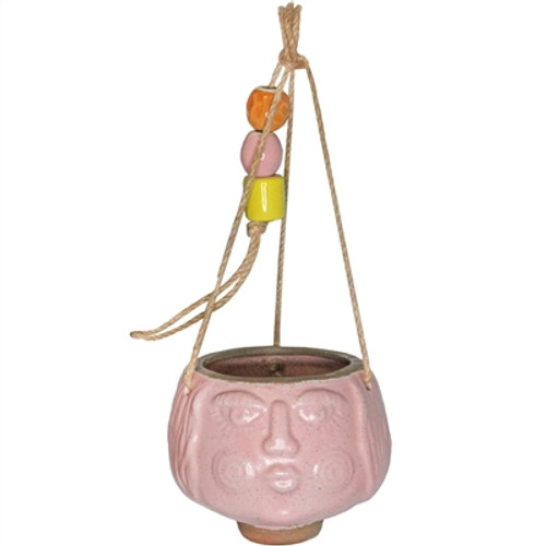 pink girl face ceramic hanging planter with chunky ceramic yellow, orange and pink beads