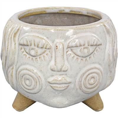 Front of Whimsical White Glaze Ceramic Flower Pot with Girl Face