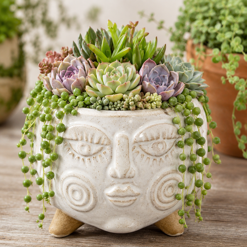 Front of Whimsical White Glaze Ceramic Flower Pot with Girl Face