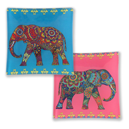 Set of Two Blue and Pink Painted Festival Elephant Mini Glass Dish Tray