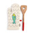 Front of white Hot Pad with blue and green fish and wooden spatula with red handle