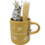 Need My Buzz Yellow Bumble Bee Mug Gift Set with white sage, clear quartz crystal, yellow taper candle and professional tea ball infuser