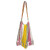 Fair trade cotton tote bag in pink and yellow, handmade in India, with knitted design and expandable size for market, beach, or everyday use
