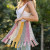 Fair trade cotton tote bag in pink and yellow, handmade in India, with knitted design and expandable size for market, beach, or everyday use