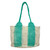 Turquoise striped woven jute beach bag with natural fiber handles