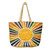 Colorful sunshine jute tote bag with woven sun design and braided handles