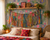 Colorful recycled saree macrame banner displayed above bed in eclectic bohemian bedroom