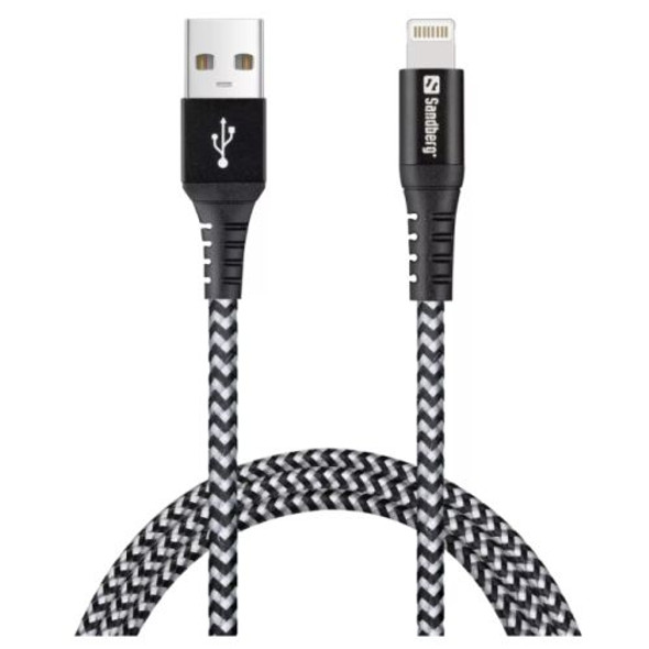Sandberg Survivor Apple Approved Durable Lightning Cable, Kevlar in Double Braided Nylon, 1 Metre, Black, 5 Year Warranty