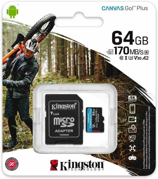 Kingston 64GB Canvas Go Plus Micro SD Card (SDXC) UHS-I U3 V30 A2 + Adapter - 170MB/s physical KIngston New SDCG3/64GB MemoX