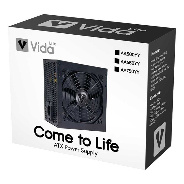 Vida Lite 750W ATX PSU, Fluid Dynamic Ultra-Quiet Fan, PCIe, Flat Black Cables, Power Lead Not Included physical VIDA New AA-750-YY MemoX