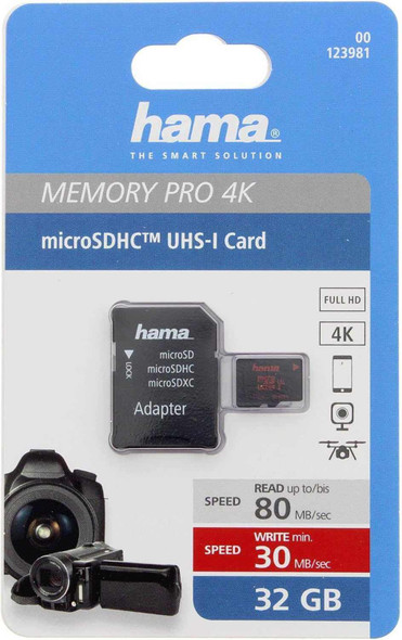 Hama MicroSDHC 32GB U3- UHS Speed Class 3 - 80MB/s + Adapter physical HAMA New 123981 MemoX