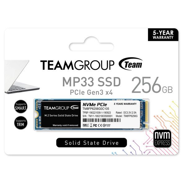 Team 256GB MP33 M.2 NVMe Gen3 SSD, M.2 2280, PCIe3, R/W 1600/1000 MB/s