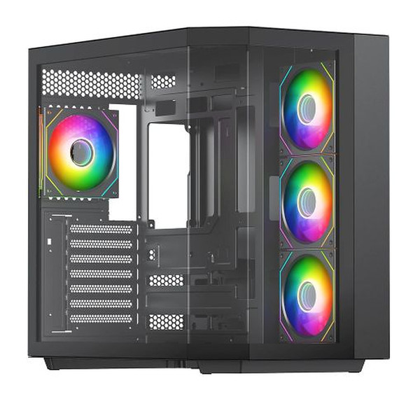 Vida Edge Black ARGB Gaming Cube Case w/ Glass Side, Front & Corner, ATX, 4x ARGB PWM Fans, 6-Port Fan Hub & Remote Control, Asus BTF Compatible