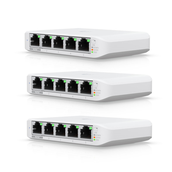 Ubiquiti UniFi Flex Mini 3-Pack 5-Port Gigabit Managed Switch – PoE/USB-C Powered
