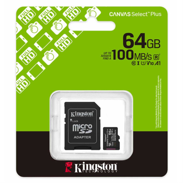 Kingston Canvas Select Plus SDCS3/64GB 64GB Micro SD UHS-I (U1) Flash Card with Adapter physical Kingston New SDCS3/64GB MemoX