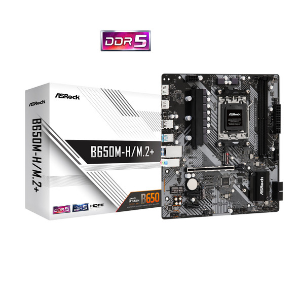 ASRock B650M-H/M.2+ AMD AM5 Socket Motherboard, Micro-ATX, 2x DDR5 Slots, 2x M.2 Socket, GbE LAN, 1x DsiplayPort / 1x HDMI Port