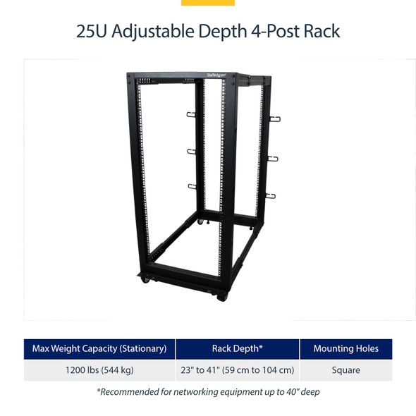 StarTech 25U 4-Post Open Frame Server Rack – Adjustable 22–40in, Mobile