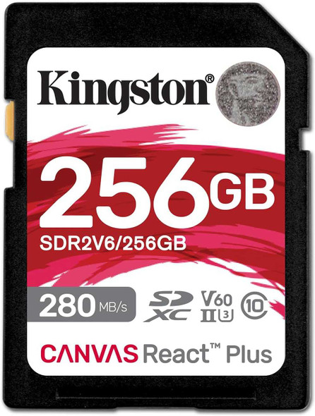Kingston Canvas React Plus 256GB SDXC UHS-II Card – 280MB/s, U3, V60 physical Kingston New SDR2V6/256GB MemoX