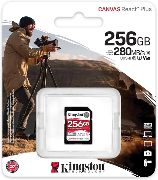 Kingston Canvas React Plus 256GB SDXC UHS-II Card – 280MB/s, U3, V60 physical Kingston New SDR2V6/256GB MemoX