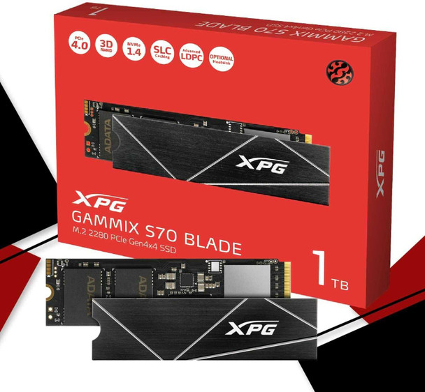 ADATA 1TB XPG GAMMIX S70 Blade M.2 NVMe SSD, M.2 2280, PCIe 4.0, 3D NAND, R/W 7400/5500 MB/s, 740K/740K IOPS, PS5 Compatible, No Heatsink physical ADATA New AGAMMIXS70B-1T-CS MemoX