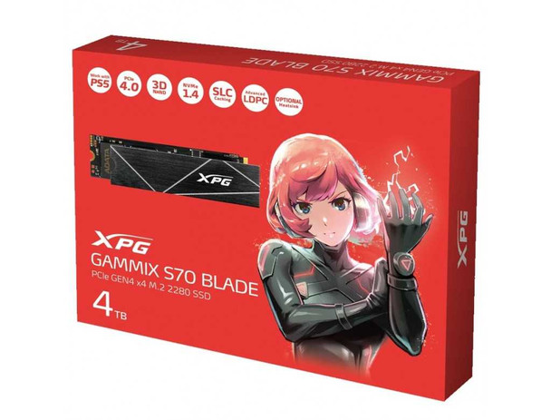 ADATA 4TB XPG GAMMIX S70 Blade M.2 NVMe SSD, M.2 2280, PCIe 4.0, 3D NAND, R/W 7400/6600 MB/s, 750K/750K IOPS, PS5 Compatible, No Heatsink physical ADATA New AGAMMIXS70B-4T-CS MemoX
