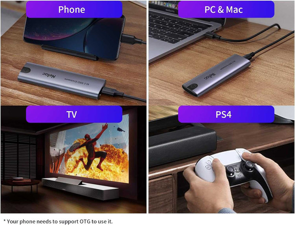Netac WH51 M.2 PCIe/SATA SSD Caddy, USB 3.1 Gen2 Type-C, Compatible with 2280/2260/2242/2230, Aluminium, USB A+C to USB-C Cable physical Netac New NT07WH51-32CA MemoX