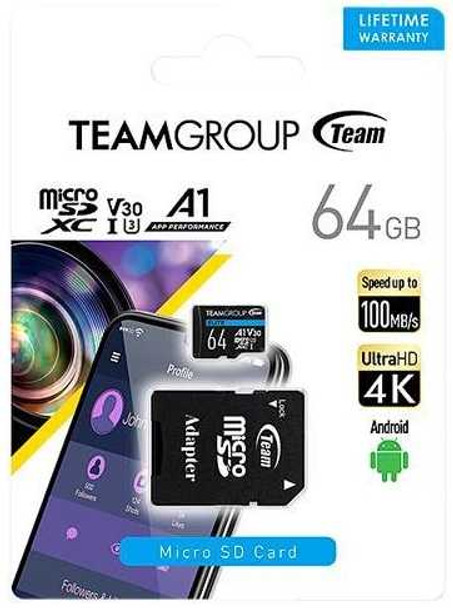 Team 64GB Elite A1 Micro SDXC Card with SD Adapter, UHS-I Class 3, U3, A1 App Performance, 100MB/s physical TEAM New TEAUSDX64GIV30A103 MemoX