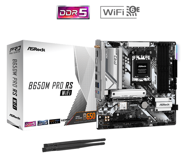 Asrock B650M PRO RS WIFI, AMD B650, AM5, Micro ATX, 4 DDR5, HDMI, DP, 2.5G LAN, Wi-Fi 6E, PCIe4, RGB, 3x M.2 physical ASROCK New B650M PRO RS WIFI MemoX