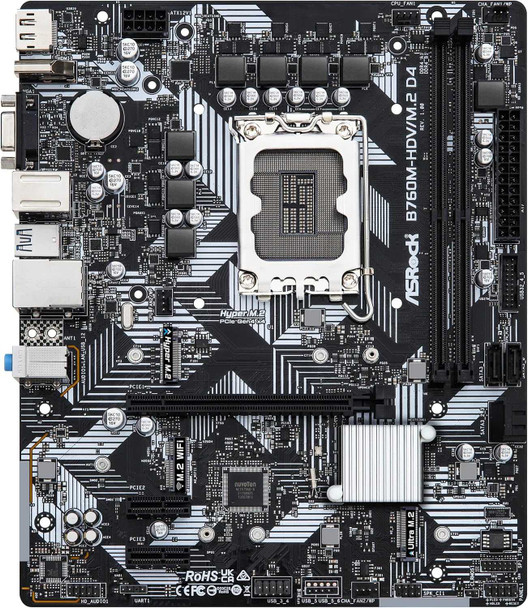 Asrock B760M-HDV/M.2 D4, Intel B760, 1700, Micro ATX, 2 DDR4, VGA, HDMI, DP, GB LAN, PCIe4, 2x M.2 physical ASROCK New B760M-HDV/M.2 D4 MemoX