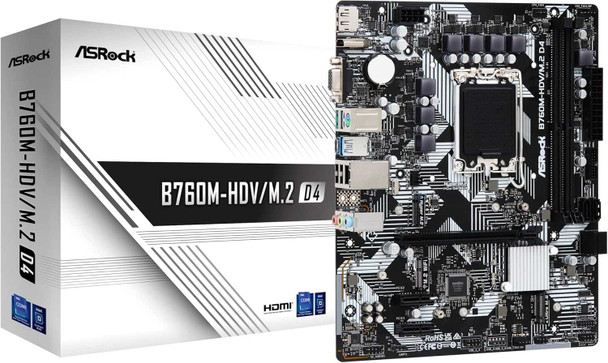 Asrock B760M-HDV/M.2 D4, Intel B760, 1700, Micro ATX, 2 DDR4, VGA, HDMI, DP, GB LAN, PCIe4, 2x M.2 physical ASROCK New B760M-HDV/M.2 D4 MemoX