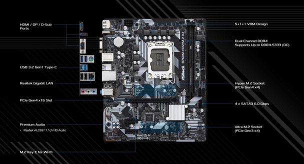 Asrock B760M-HDV/M.2 D4, Intel B760, 1700, Micro ATX, 2 DDR4, VGA, HDMI, DP, GB LAN, PCIe4, 2x M.2 physical ASROCK New B760M-HDV/M.2 D4 MemoX