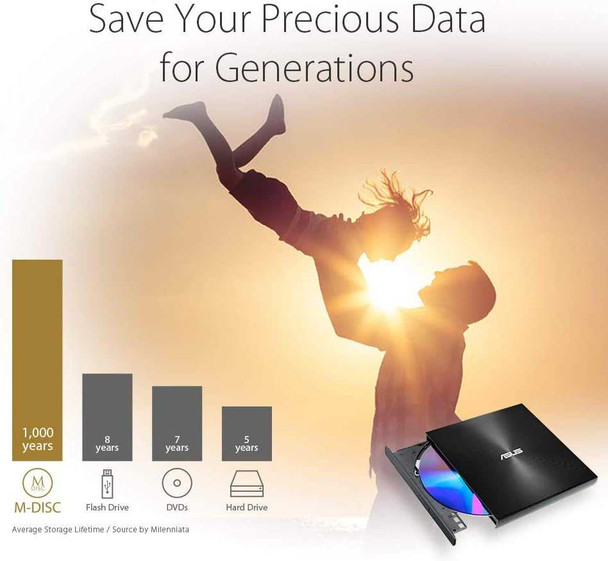 Asus (ZenDrive U9M) External Slimline DVD Re-Writer, USB-A / USB-C, 8x, M-Disc Support, Cyberlink Power2Go 8, Black physical ASUS New 90DD02A0-M29000 MemoX