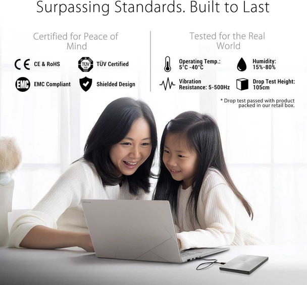 Asus (ZenDrive U9M) External Slimline DVD Re-Writer, USB-A / USB-C, 8x, M-Disc Support, Cyberlink Power2Go 8, Black physical ASUS New 90DD02A0-M29000 MemoX