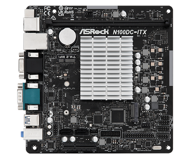 Asrock N100DC-ITX, Integrated Intel Quad-Core N100, Mini ITX, 1 DDR4, VGA, HDMI, DC Jack, Fanless Design, 1x M.2 physical ASROCK New N100DC-ITX MemoX