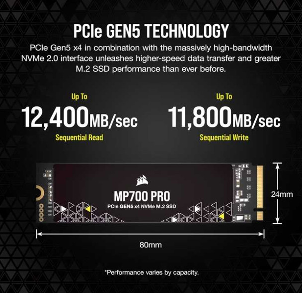 Corsair 1TB MP700 PRO Gen5 M.2 NVMe SSD, M.2 2280, PCIe 5.0, R/W 11.7K/9.6K MB/s, 1.4M/1.5M IOPS physical CORSAIR New CSSD-F1000GBMP700PNH MemoX