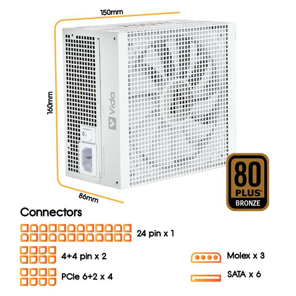 Vida 750W Heracles White ATX Gaming PSU, 80+ Bronze, 140mm Ultra-Quiet FDM Fan, Flat White Cables, Power Lead Not Included physical VIDA New XTY850D-750W-WHT MemoX