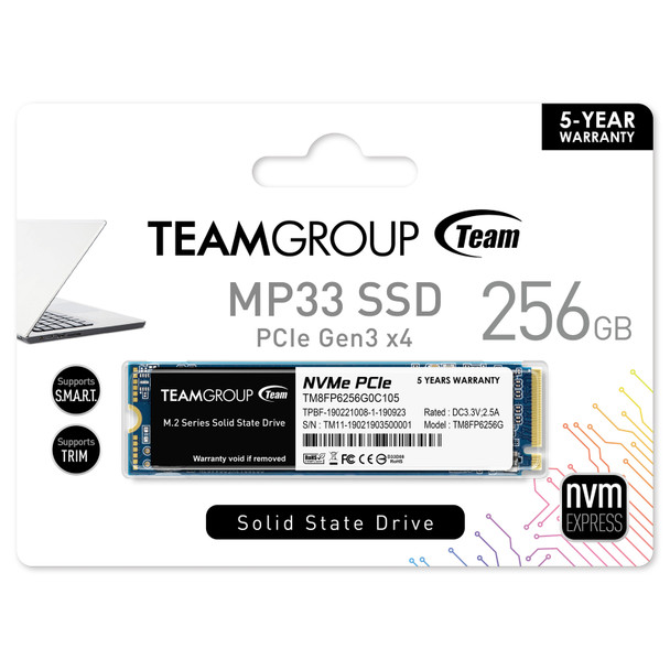 Team 256GB MP33 M.2 NVMe Gen3 SSD, M.2 2280, PCIe3, R/W 1600/1000 MB/s