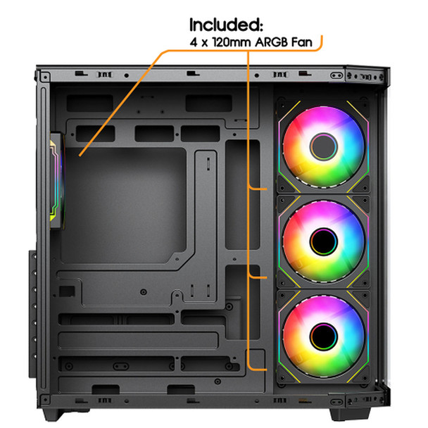 Vida Edge Black ARGB Gaming Cube Case w/ Glass Side, Front & Corner, ATX, 4x ARGB PWM Fans, 6-Port Fan Hub & Remote Control, Asus BTF Compatible